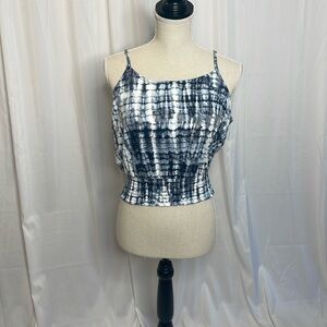170 Love, Fire Tie Dye Smocked Crop Tank Blue White Boho Festival Size L